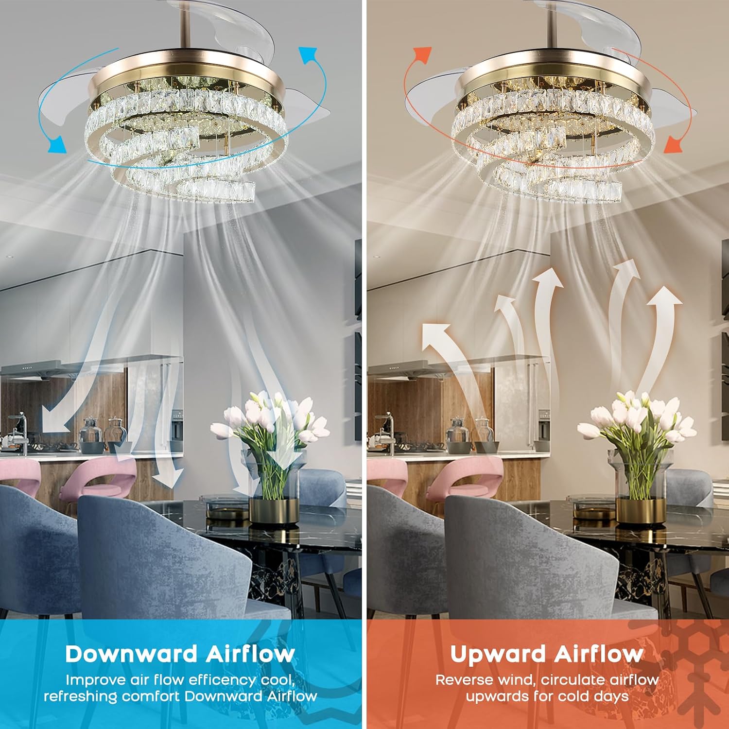 42'' Dimmable Ceiling Fan with Light and Remote Crystal Modern Chandelier Fan Retractable Fandelier with Memory, Silent Motor, 6 Speed, 3 Color Change, Timer Function(Gold)