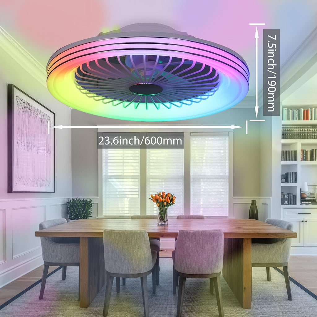 24' Low Profile Bladeless Ceiling Fans with Light, Enclosed Flush Mount Ceiling Fan with RGB Lights, Dimmable Color Changing LED Ambient Light, Smart Remote/APP/Voice Control