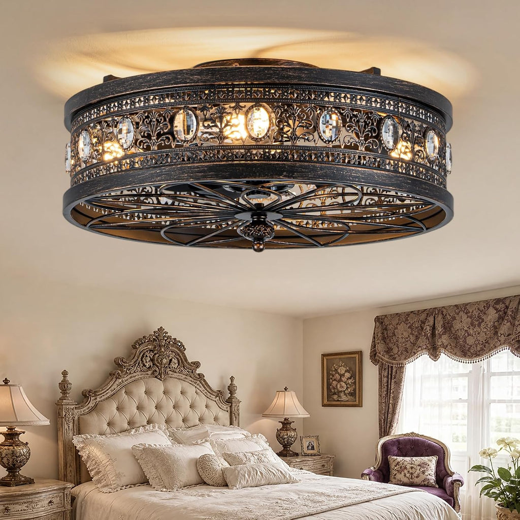 Dawn Whisper Vintage Victorian Caged Flush Mount Ceiling Fans with Lights | Vintage look/French Styling Caged Design with Crystal Accents Ideal Small-Space Flush Mount for Bedroom