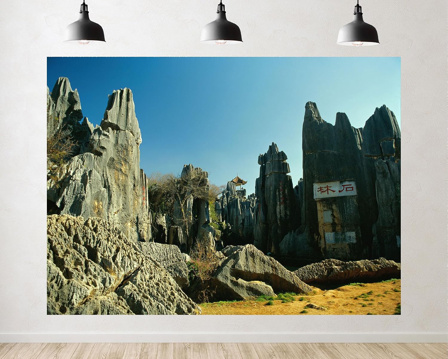 Trykid 20x10ft Stone Karst Peaks Backdrop Clear Blue Sky Traditional Pavilion Rugged Rock Formations Lush Greenery Dry Earthy Photography Background Travel Decoration Photo Booth Prop Fabric