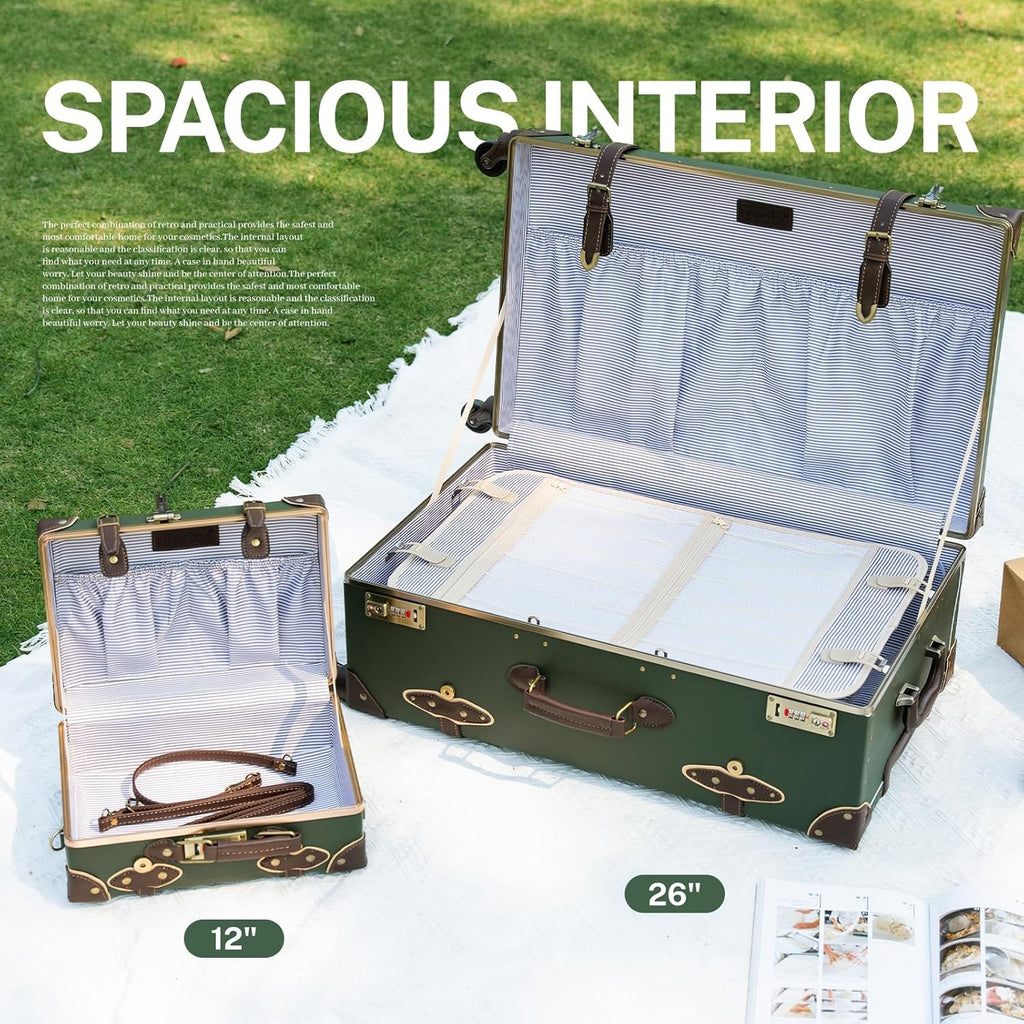 urecity Vintage Suitcase Set for Women, Vintage Luggage Sets for Women 2 Piece, Cute Designer Trunk Luggage, Retro Suit Case, Luggage Zipperless TSA Approved, Army Green, 20'+12'