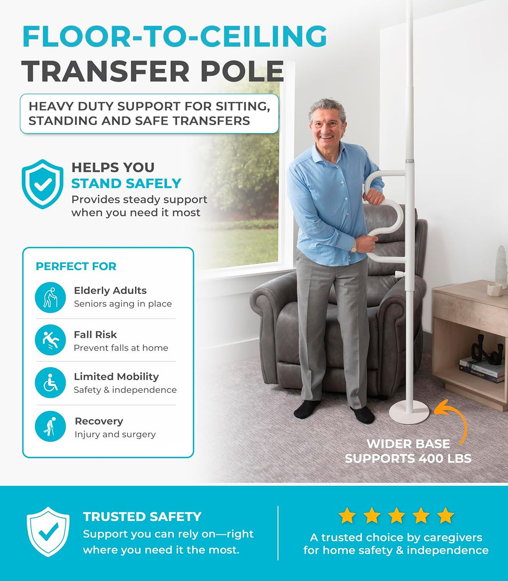 Stander Wonder Pole HD, Heavy Duty Security Pole and Curve Grab Bar, Tension Mounted Floor to Ceiling Transfer Pole for Seniors & Elderly Adults, Bariatric Bath Safety Assist Rail, Supports 400 lbs