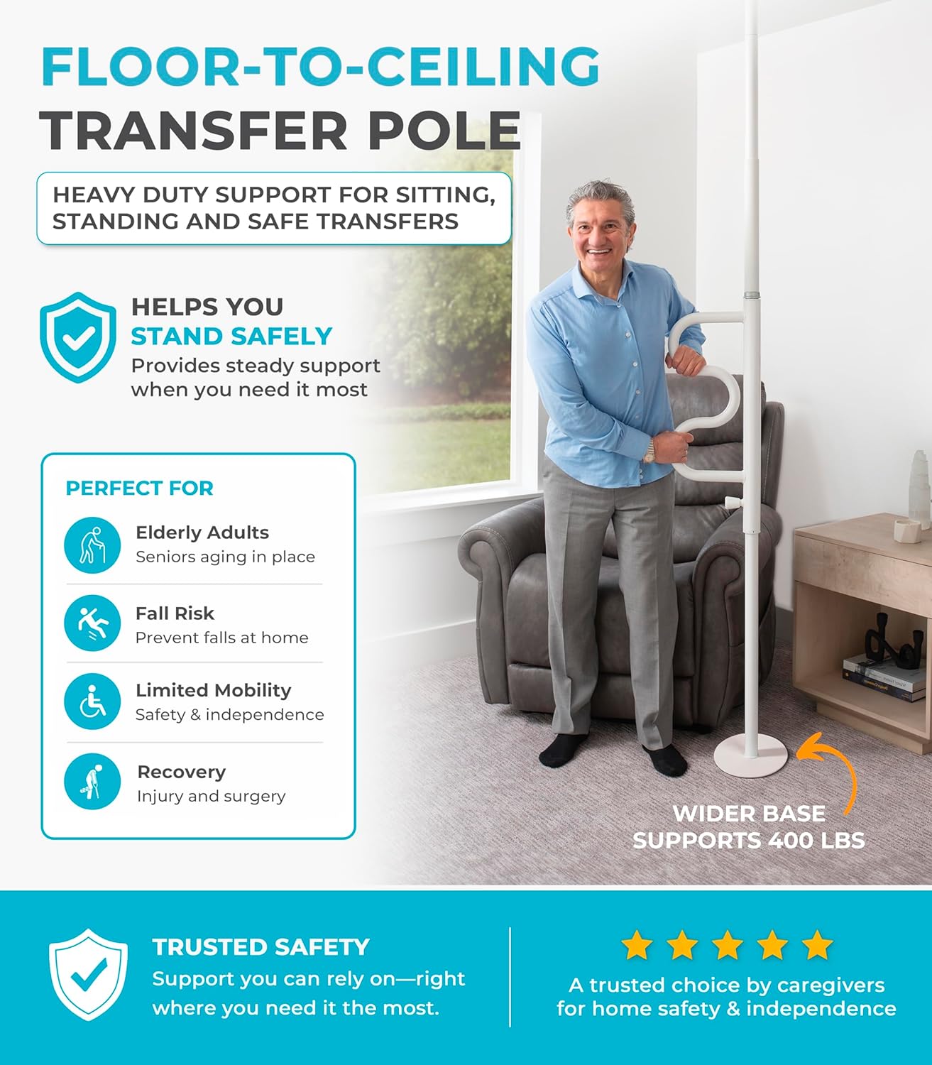 Stander Wonder Pole HD, Heavy Duty Security Pole and Curve Grab Bar, Tension Mounted Floor to Ceiling Transfer Pole for Seniors & Elderly Adults, Bariatric Bath Safety Assist Rail, Supports 400 lbs