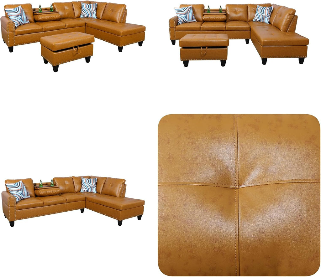 Sectional Couches for Living Room with Movable Chaise & Storage Ottoman - 97.5' Leather L Shaped Couches for Living Room Apartment, Home Modular Sectional Sofas with Cup Holder, Ginger