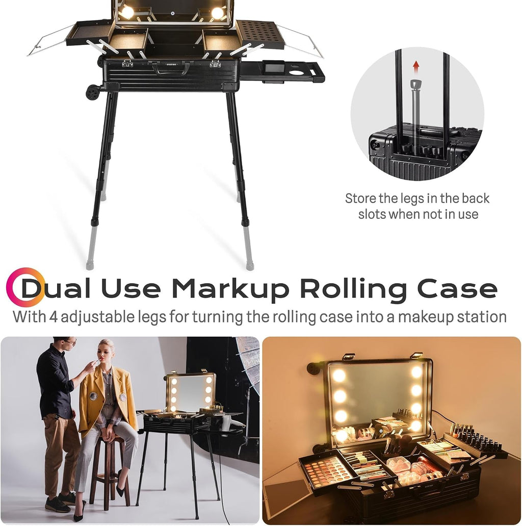 BYOOTIQUE Rolling Makeup Case with LED Lighted Mirror 24 Inch Professional Cosmetic Organizer Storage Travel Aluminum Trolley Case with Extendable Tray Adjustable Leg For Makeup Artist Studio Salon