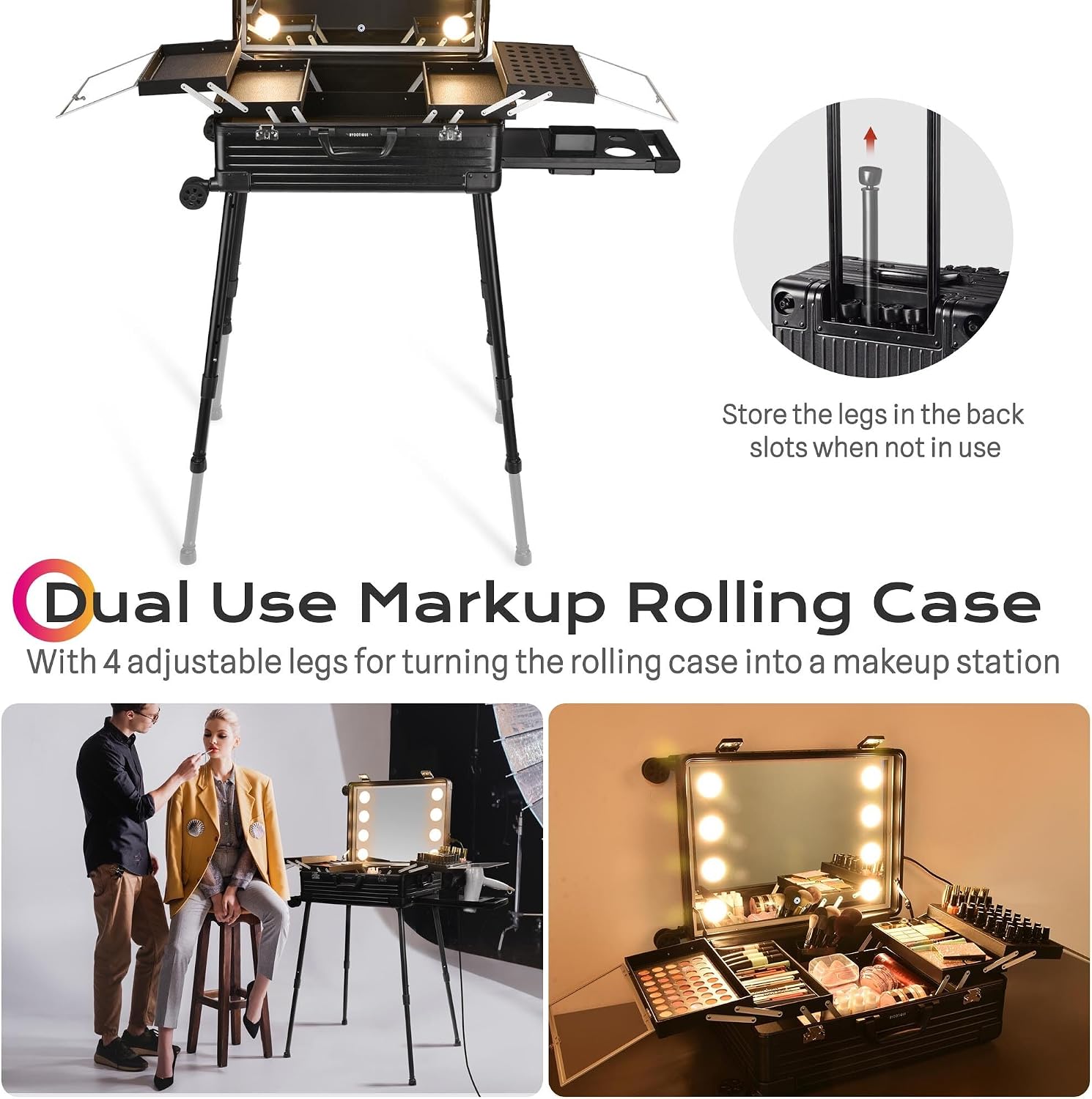 BYOOTIQUE Rolling Makeup Case with LED Lighted Mirror 24 Inch Professional Cosmetic Organizer Storage Travel Aluminum Trolley Case with Extendable Tray Adjustable Leg For Makeup Artist Studio Salon