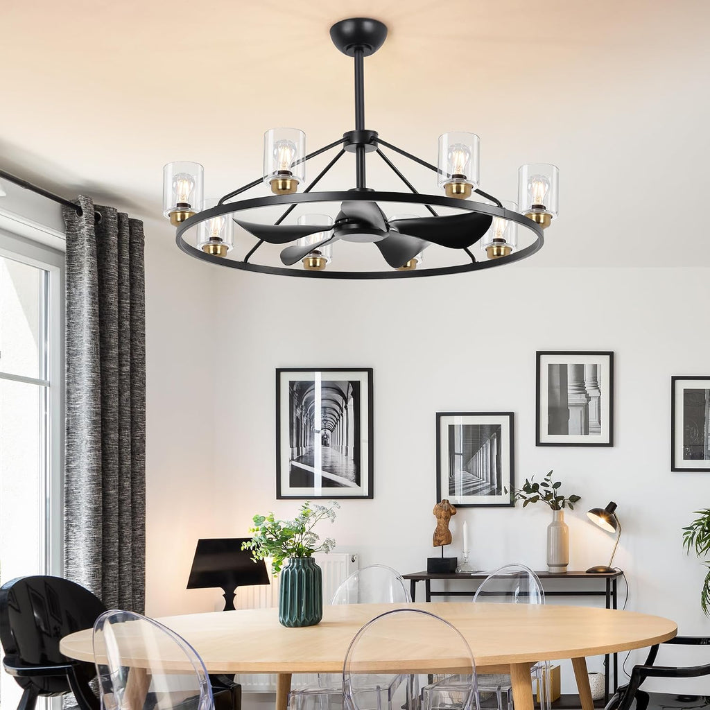 44 inch Ceiling Fans with Lights Wagon Wheel Chandelier, Farmhouse Fandelier Black Gold Fans with Glass Lampshade Light Fixture,App control,6 Speed,Timing,Adjustable Height for Dining Room Living Room