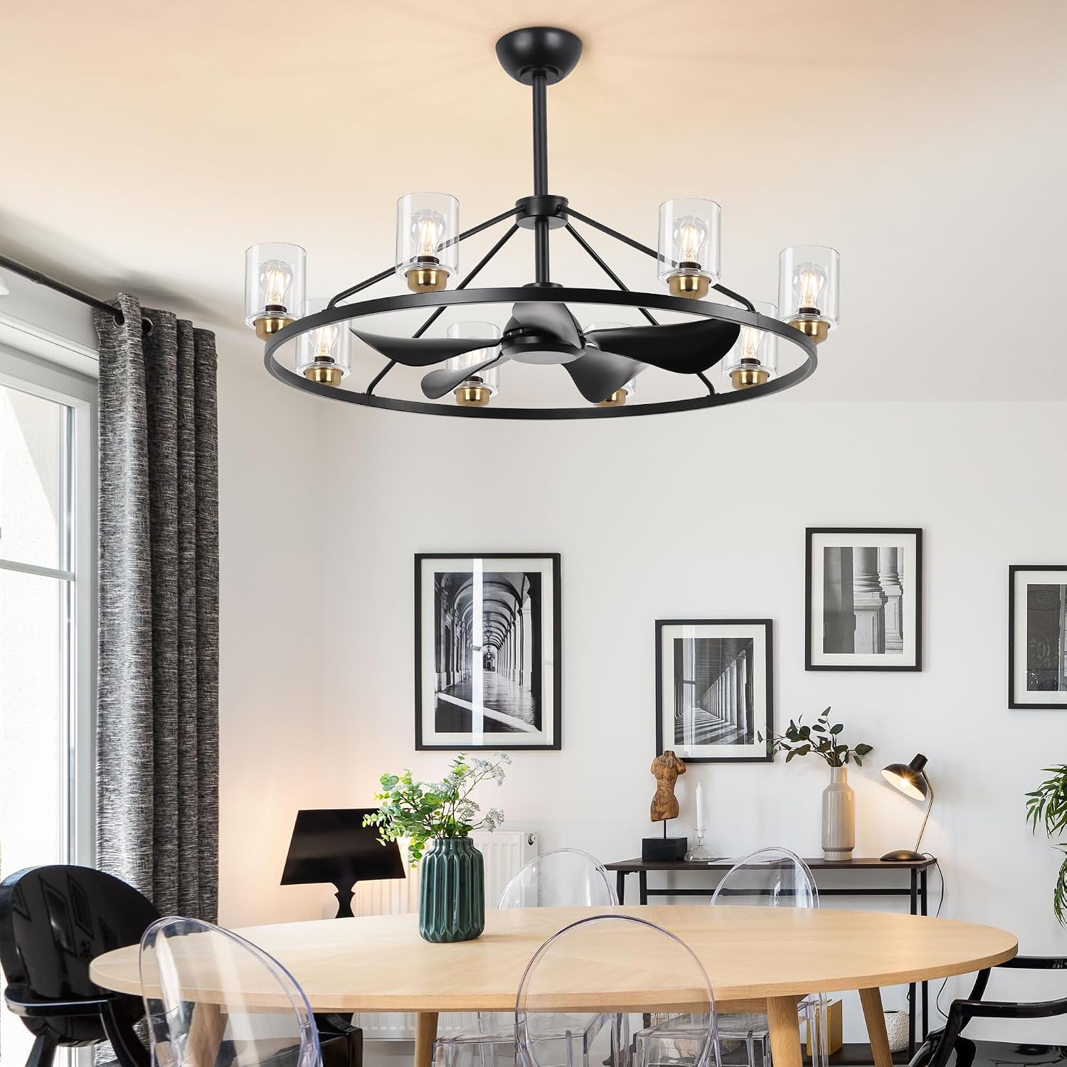 44 inch Ceiling Fans with Lights Wagon Wheel Chandelier, Farmhouse Fandelier Black Gold Fans with Glass Lampshade Light Fixture,App control,6 Speed,Timing,Adjustable Height for Dining Room Living Room