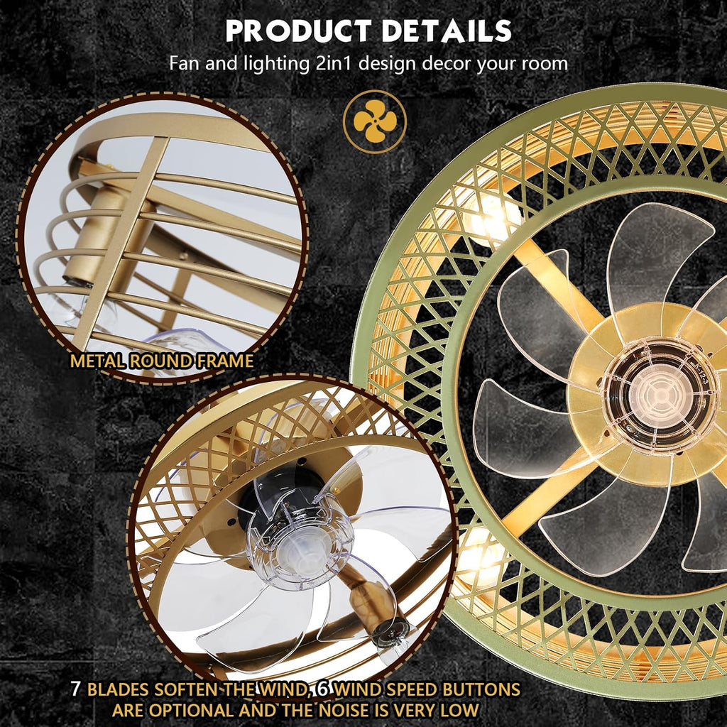 Caged Ceiling Fan with Light, Gold Fandelier Ceiling Fan and Remote Control - Reversible Motor, 6-Speed Wind, 18 Inch for Bedroom and Kitchen