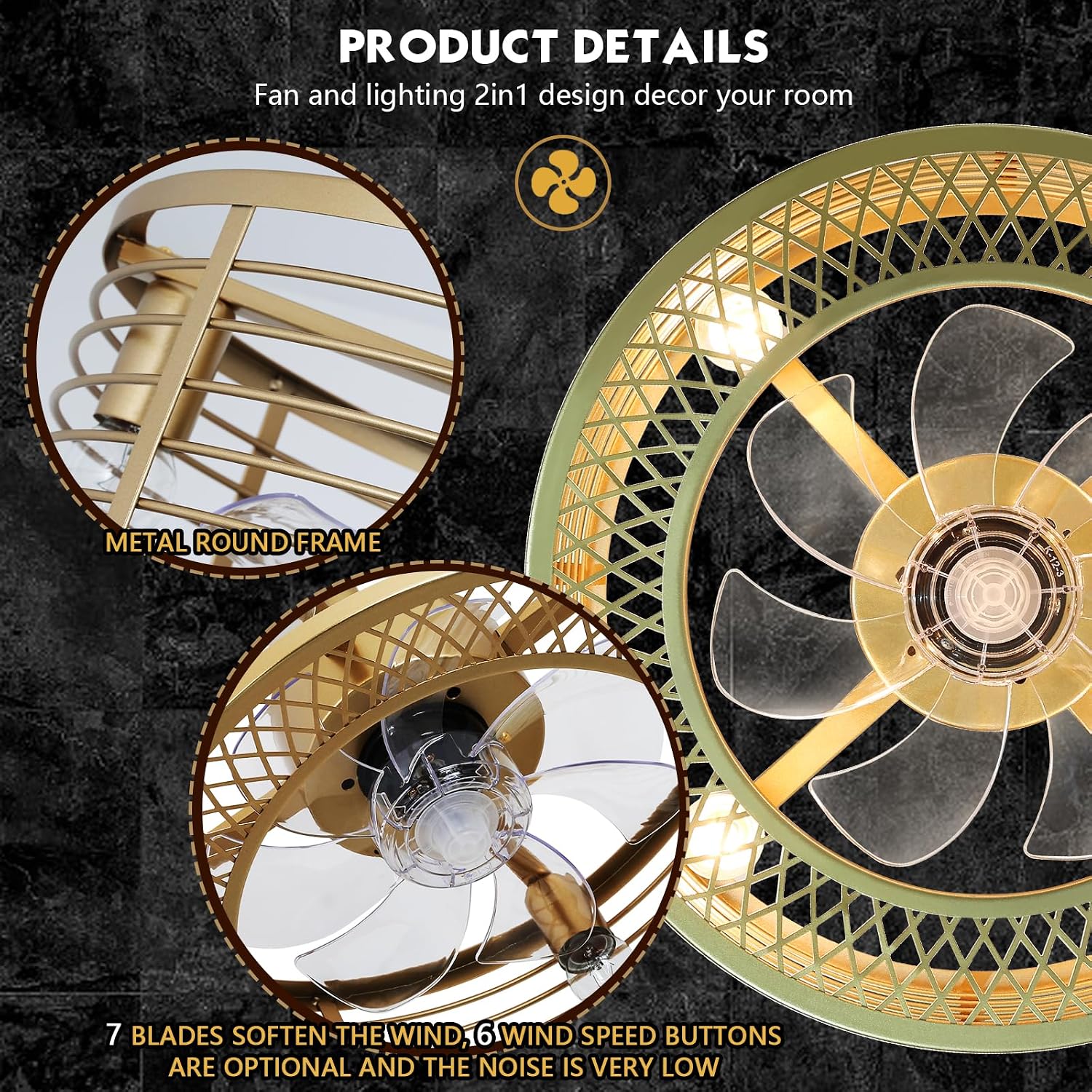 Caged Ceiling Fan with Light, Gold Fandelier Ceiling Fan and Remote Control - Reversible Motor, 6-Speed Wind, 18 Inch for Bedroom and Kitchen