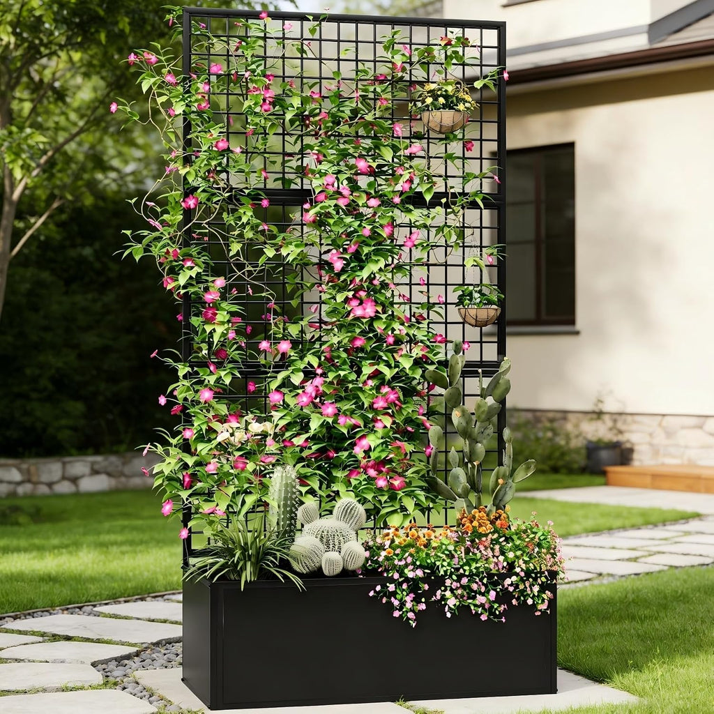 Privacy Planters for Patio – Metal Raised Garden Bed with Trellis and Privacy Screen, 71' x 35' x 16' Planter Box with Drainage Holes for Climbing Plants, Vegetables, and Vines, Outdoor Backyard Black