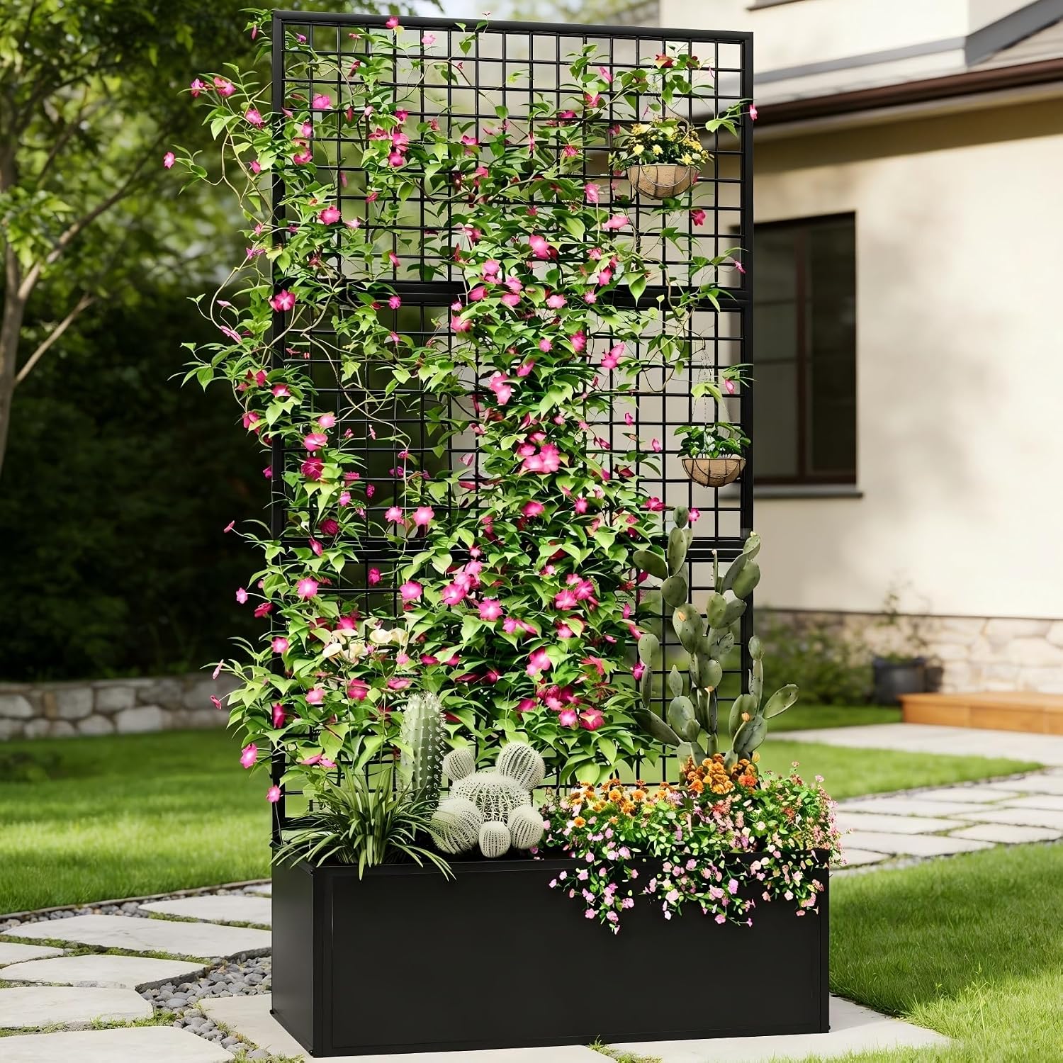 Privacy Planters for Patio – Metal Raised Garden Bed with Trellis and Privacy Screen, 71' x 35' x 16' Planter Box with Drainage Holes for Climbing Plants, Vegetables, and Vines, Outdoor Backyard Black