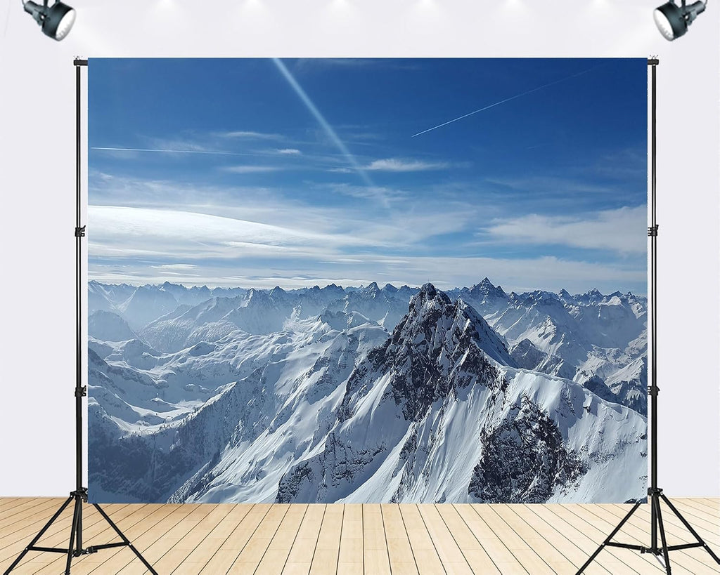 Trykid 20x10ft Snow Covered Alps Backdrop Aerial View Peaks Clear Blue Sky Winter Scene Photography Background Ski Themed Party Decoration Photo Booth Prop Fabric