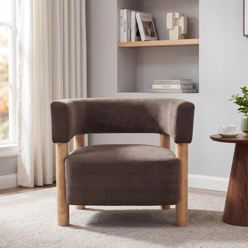 Christopher Knight Home Carly Low Profile Accent Chair, Boucle Upholstered Barrel Chair, Comfy Reading Chair for Bedroom, Wooden Single Lounge Sofa, Dark Brown