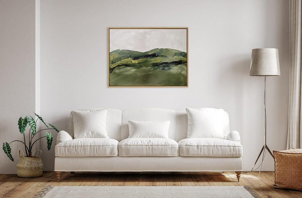 Kate and Laurel Sylvie Green Mountain Landscape Framed Canvas Wall Art by Amy Lighthall; 28x38 Natural; Modern Soft Watercolor Nature Landscape Art for Wall Home Decor