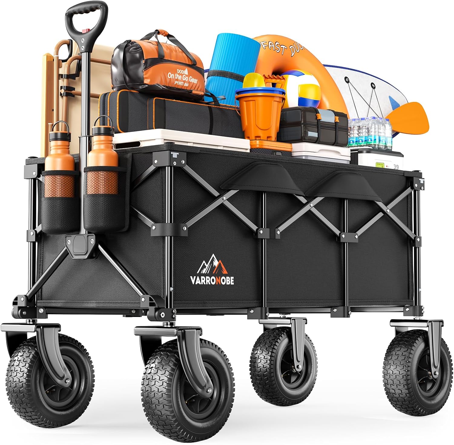 All-Terrain Beach Wagon with 10' x 3.5' Big Inflatable Rubber Wheels for Sand, 220L Collapsible Utility Wagon, 400 lbs Heavy Duty Folding Cart with 2 Cup Holders for Camping, Sports, Garden, Black