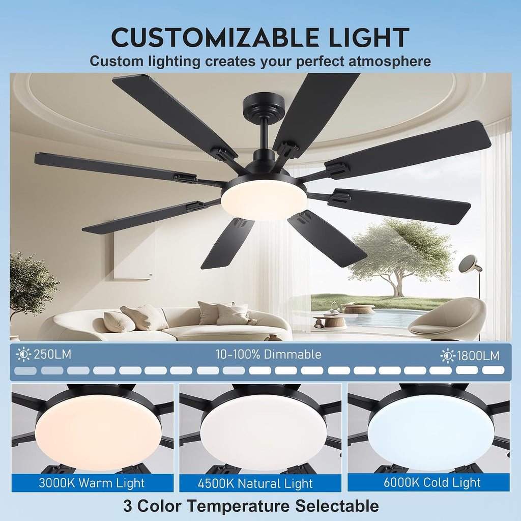 JSAITEE 60In Ceiling Fans with Lights - Black Low Profile Fan Light with 8 Blades, 6 Wind Speeds Reversible, Dimmable, Modern Light Fixture for Indoor Living Room, Kitchen, Coverd Patios