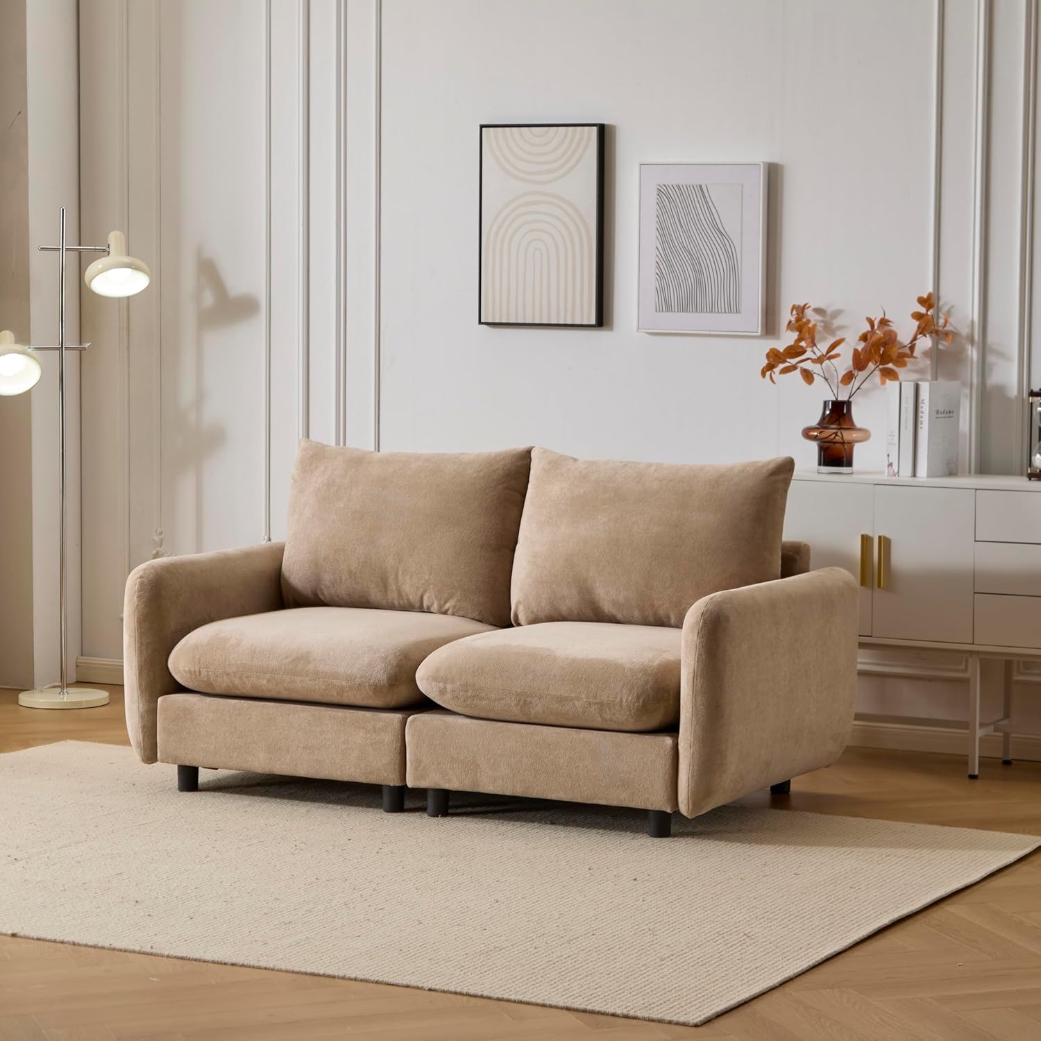 Christopher Knight Home Bricez Modern Fabric Upholstered Loveseat Sofa, Wooden Modular Sectional Sofa Couch, 2 Seater Comfy Cloud Couch with Pillow for Living Room, Home Office, Apartment, Camel