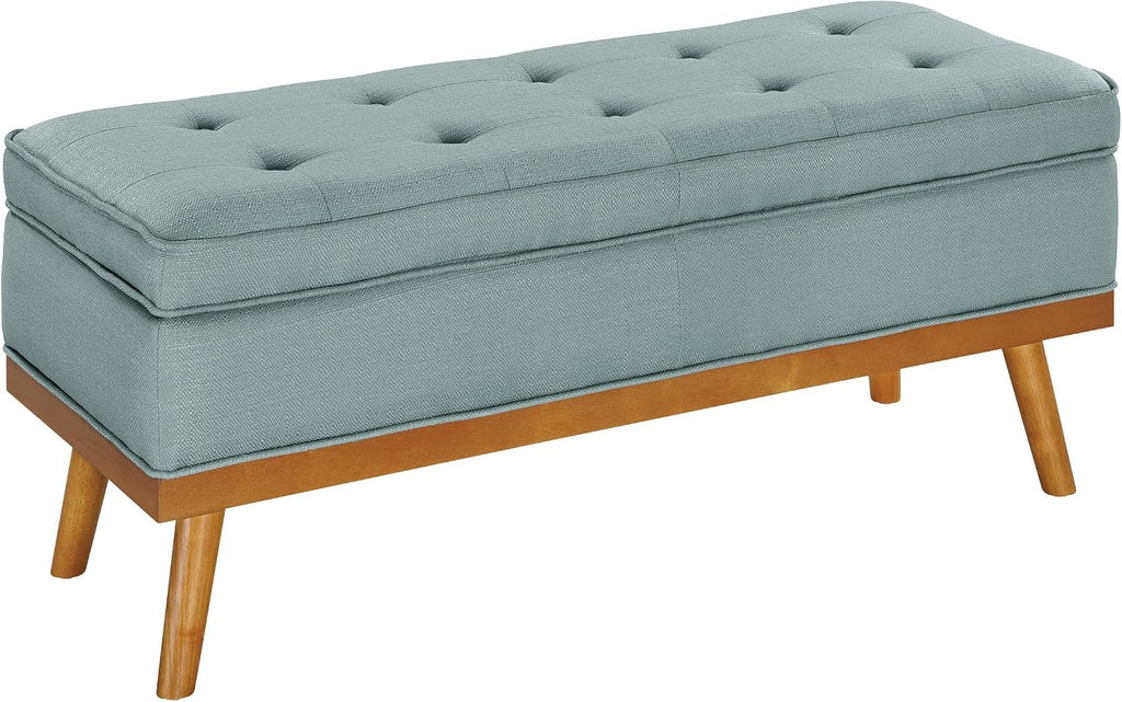 OSP Home Furnishings Katheryn Mid-Century Modern Storage Bench with Tufted Seat and Wood Legs, Sea Blue Fabric