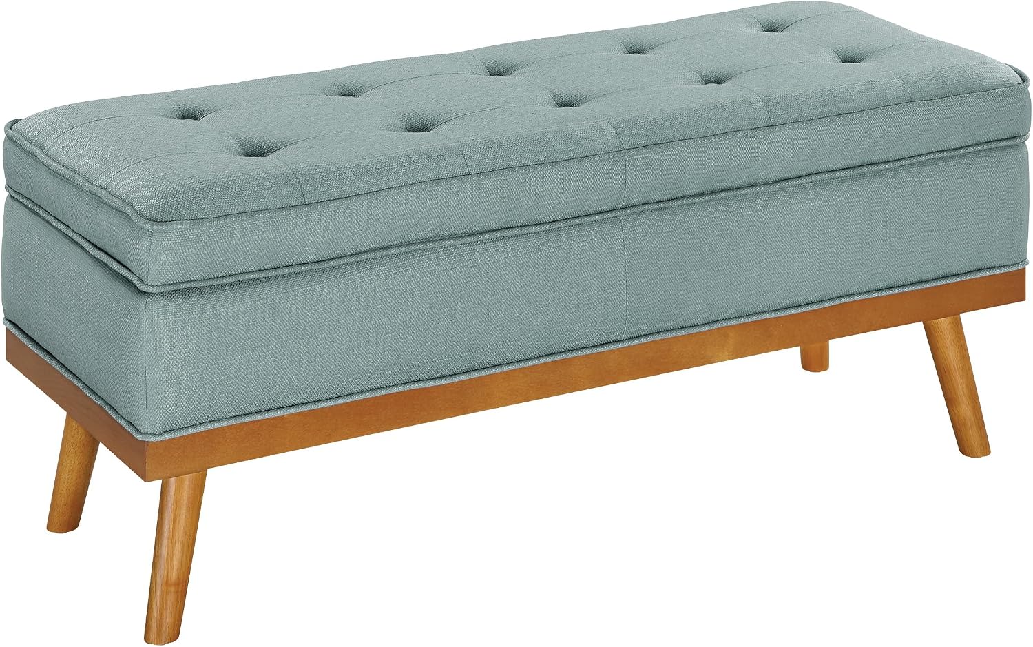 OSP Home Furnishings Katheryn Mid-Century Modern Storage Bench with Tufted Seat and Wood Legs, Sea Blue Fabric