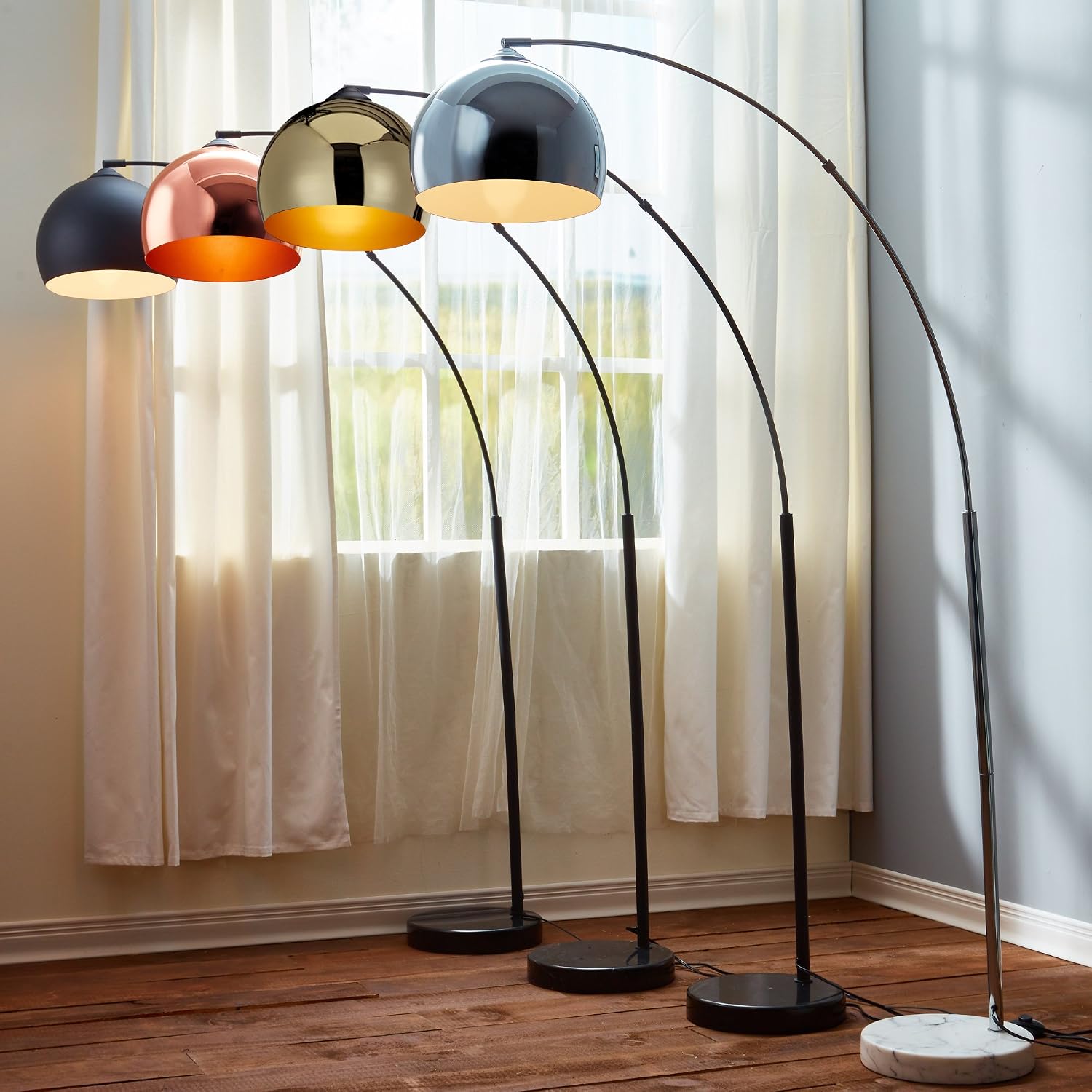 Teamson Home Arquer 66.93' Arc Floor Lamp for Living Rooms, Home Offices, Dining Rooms, Bedrooms with Faux Black Marble Base and Rose Gold Bell Shade