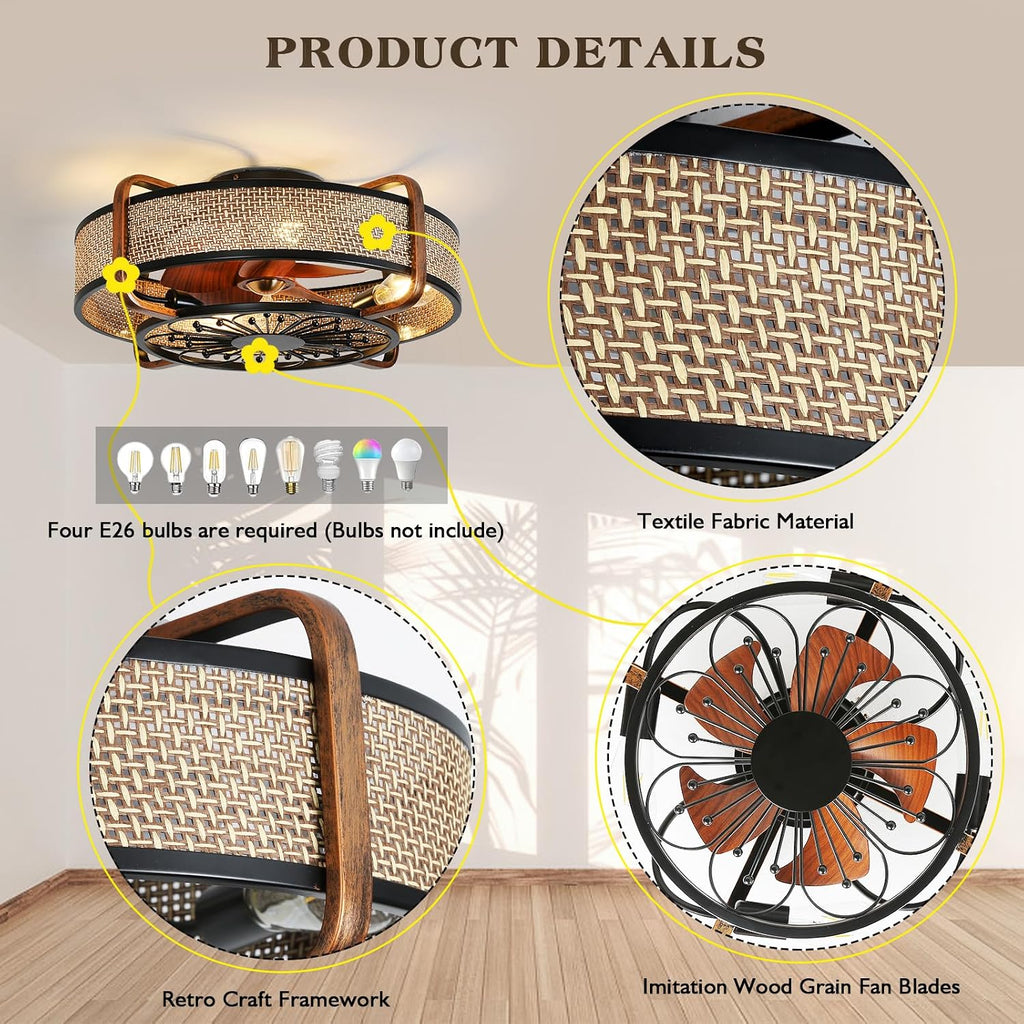 Caged Fandelier With Light and Remote - 21' Rattan Low Profile Enclosed Ceiling Fan, 6 Speeds Reversible Motor, Flush Mount, Black