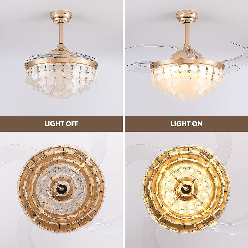 48'' Boho Fandelier Ceiling Fan with Light, Capiz Shell Retractable Ceiling Fan Lights with APP/Remote, Dimmable Coastal Invisible Chandelier Fan with 6 Speeds Wind, Timer for Bedroom Living Room-Gold