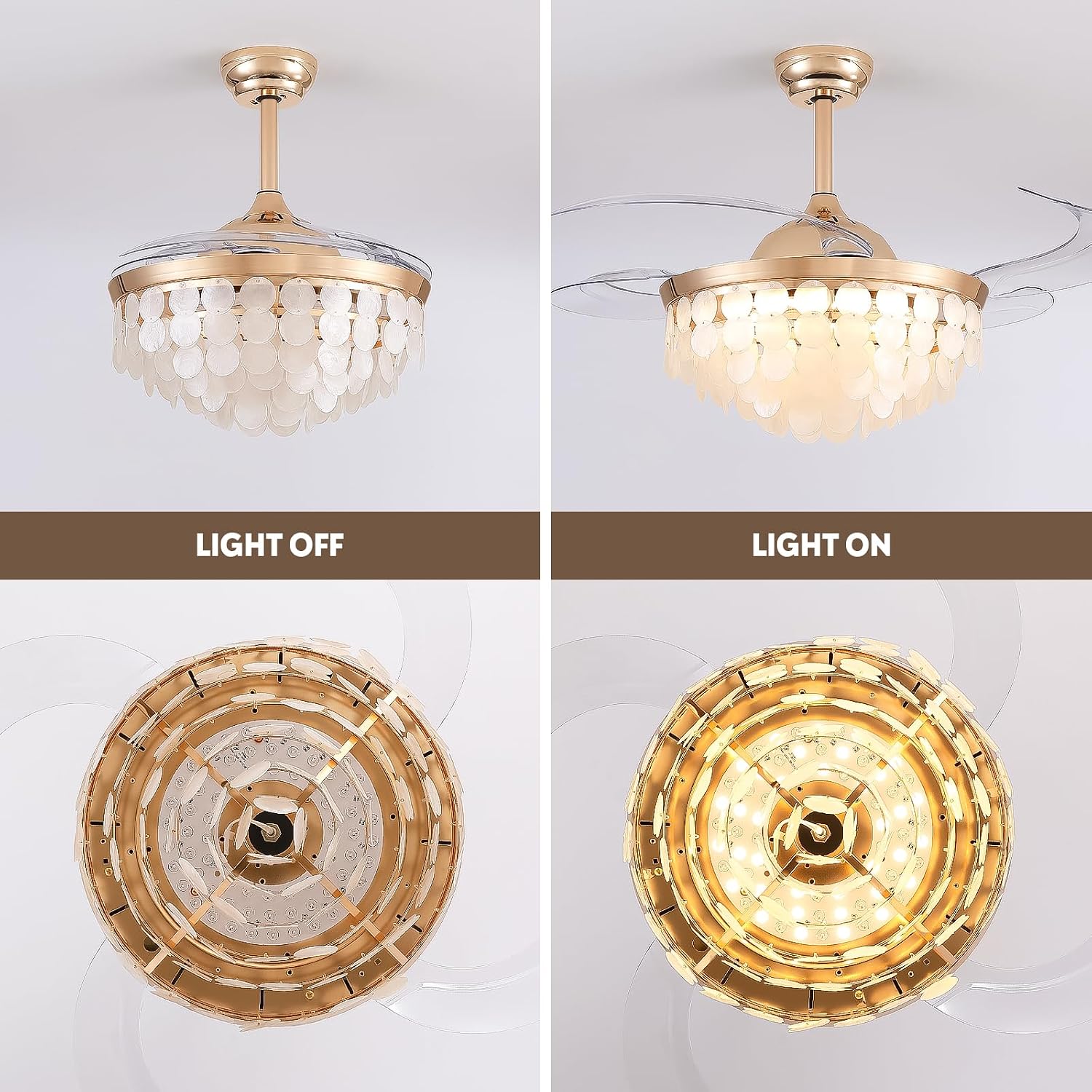 48'' Boho Fandelier Ceiling Fan with Light, Capiz Shell Retractable Ceiling Fan Lights with APP/Remote, Dimmable Coastal Invisible Chandelier Fan with 6 Speeds Wind, Timer for Bedroom Living Room-Gold