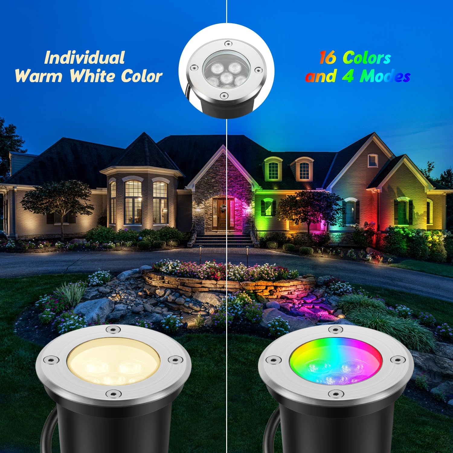 Low Voltage Landscape Lights Christmas 10W RGBW Warm White LED Well Landscape Lighting Waterproof Outdoor 12V-24V Pathway Deck Ground RGB Well Lights (14)