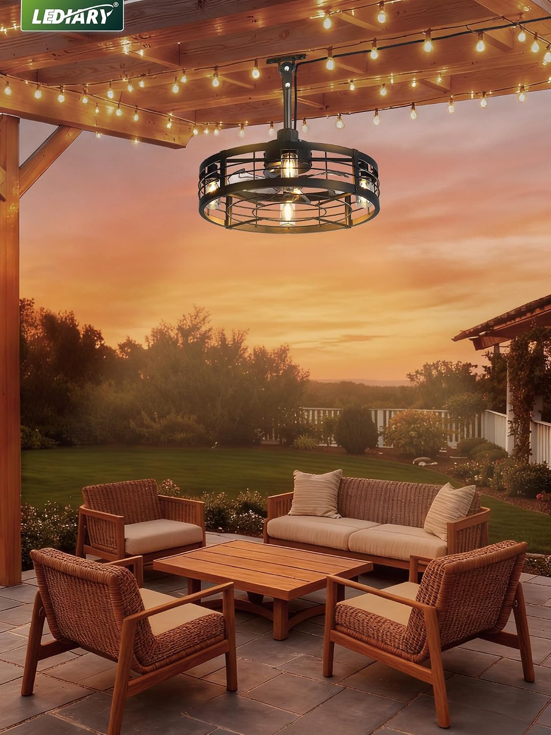 LEDIARY 22' Outdoor Ceiling Fans with Light, Waterproof Gazebo Fan with Hanging Hook, Plug in Ceiling Fan with Remote,Caged Ceiling Fan with 6 Speed Timer for Patio, Porch, Pergola, Black