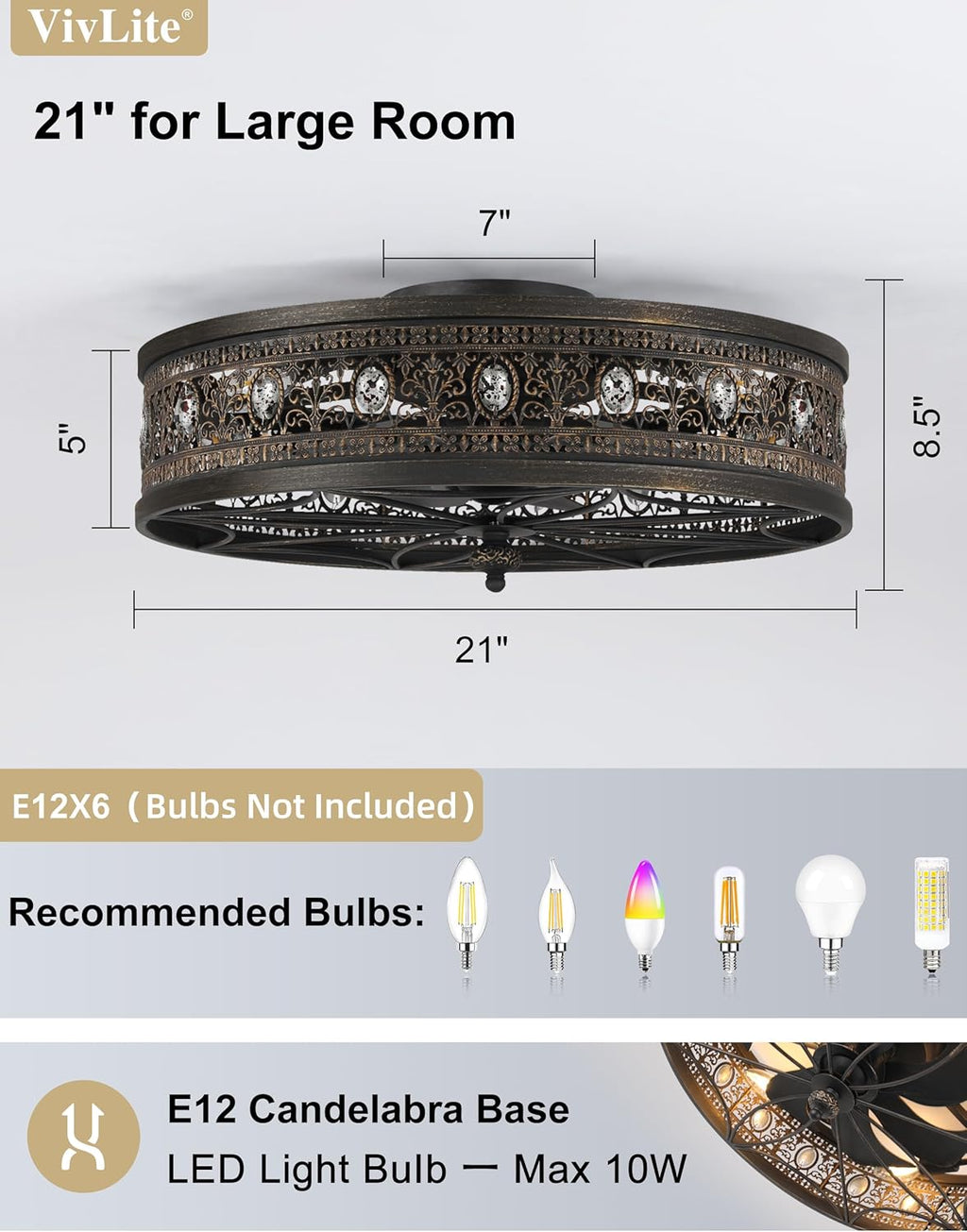 Flush Mount Ceiling Fan with Light and Remote,Low Profile Enclosed Crystal Drum Caged Fandelier,Vintage Black Gold Baroque Ceiling Fan Light Fixture for Bedroom,Dining Room, Living Room,Kitchen Island