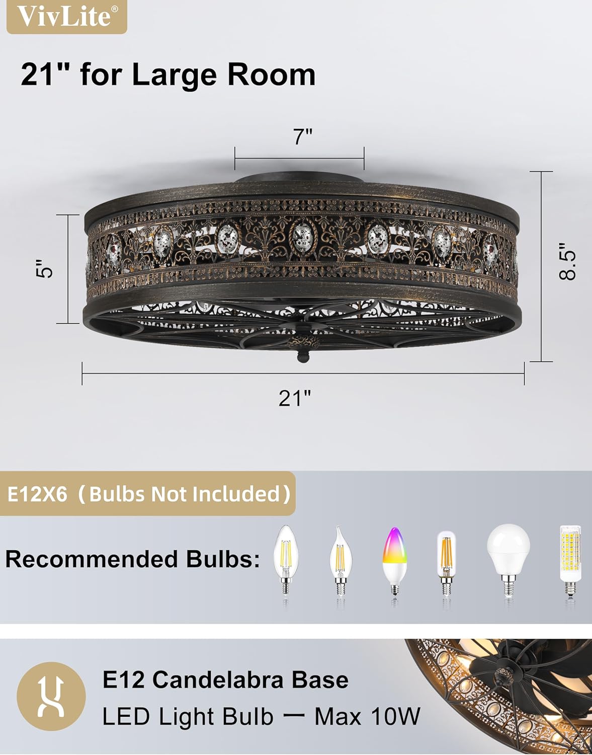 Flush Mount Ceiling Fan with Light and Remote,Low Profile Enclosed Crystal Drum Caged Fandelier,Vintage Black Gold Baroque Ceiling Fan Light Fixture for Bedroom,Dining Room, Living Room,Kitchen Island