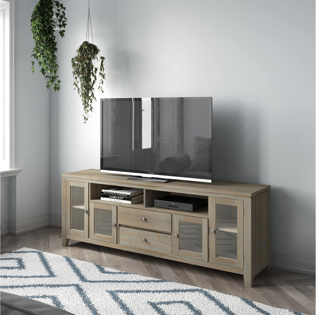 SIMPLIHOME Cosmopolitan SOLID WOOD Universal TV Media Stand, 72 inch Wide, Contemporary, Living Room Entertainment Center with Storage, for Flat Screen TVs up to 80 inches in Distressed Grey
