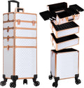 AROUS Rolling Makeup Train Case 4 in 1 Cosmetology Case on Wheels Large Storage Cosmetic Trolley with Key Salon Barber Case Traveling Cart Trunk,White