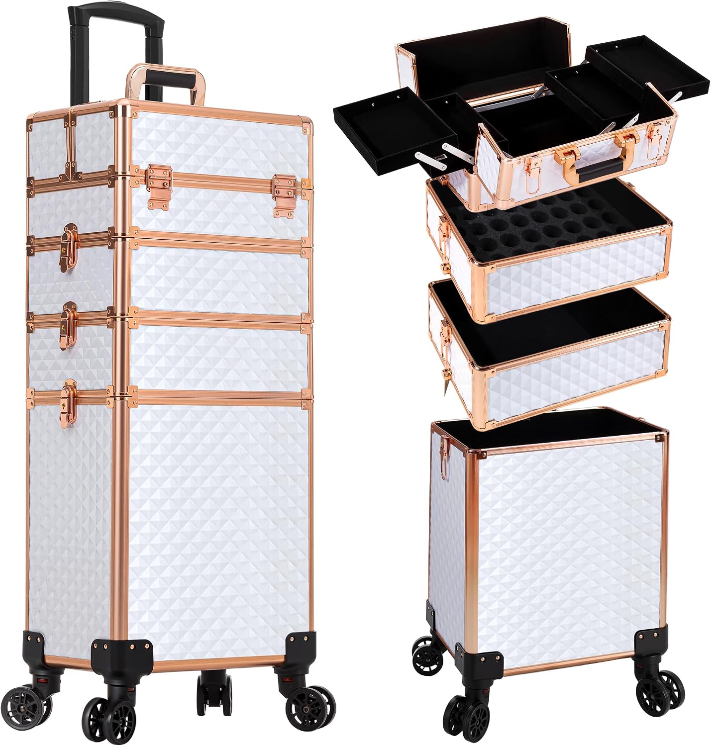 AROUS Rolling Makeup Train Case 4 in 1 Cosmetology Case on Wheels Large Storage Cosmetic Trolley with Key Salon Barber Case Traveling Cart Trunk,White