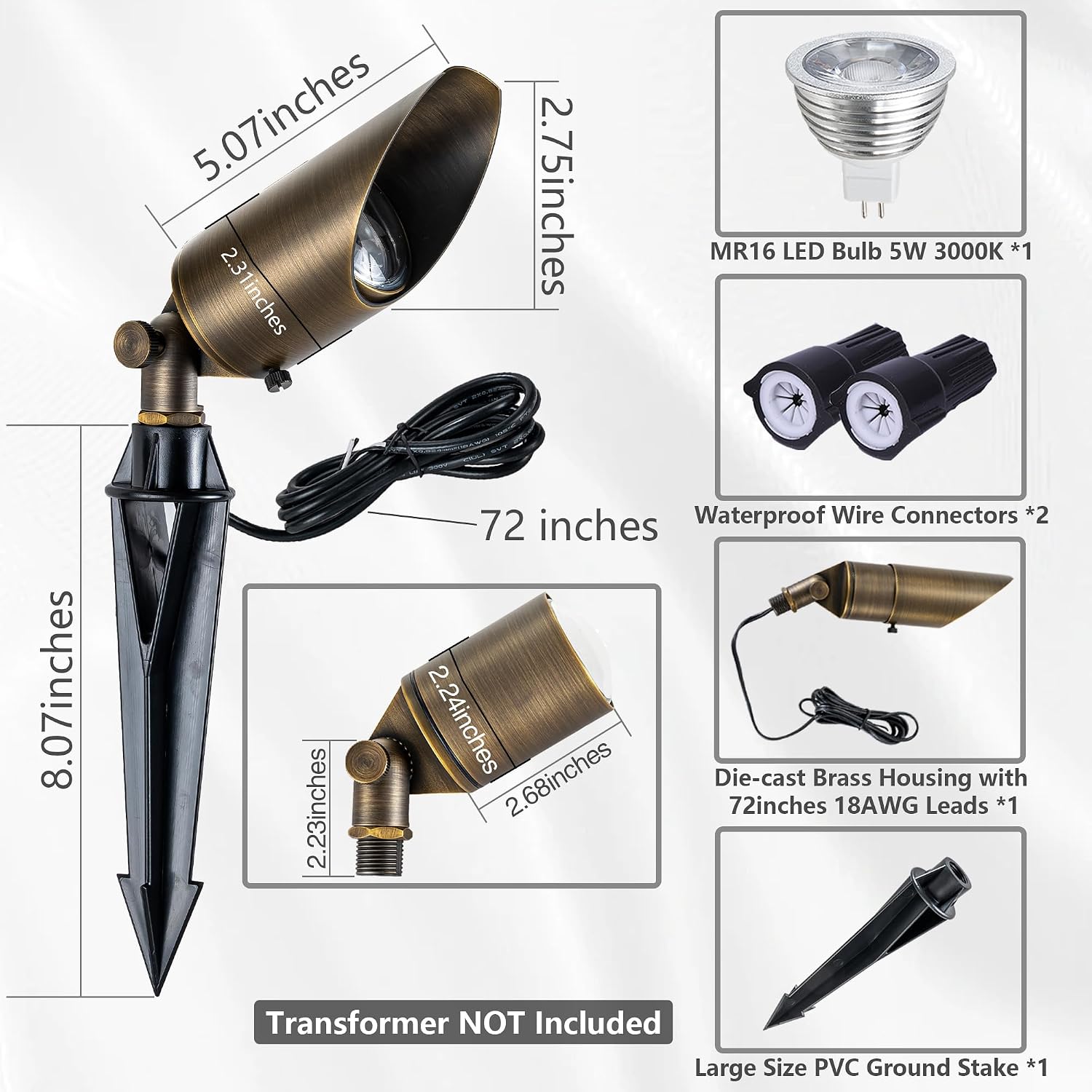 LumStory Brass Low Voltage Landscape Spotlight 12V Bronze Waterproof Shroud Adjustable Outdoor Landscape Lighting, with MR16 LED Bulb 5W 3000K, 4-Pack