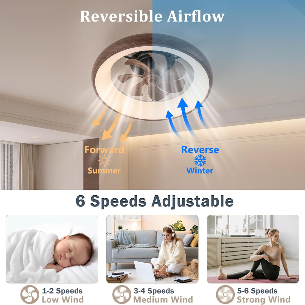 Low Profile Ceiling Fans with Lights, Dimmable Smart RGB Ceiling Fan With Alexa/Google Assistant/App/Remote Control, 6-Speeds Reversible Walnut Woodgrain LED Ceiling Fan for Bedroom Kitchen Foyer