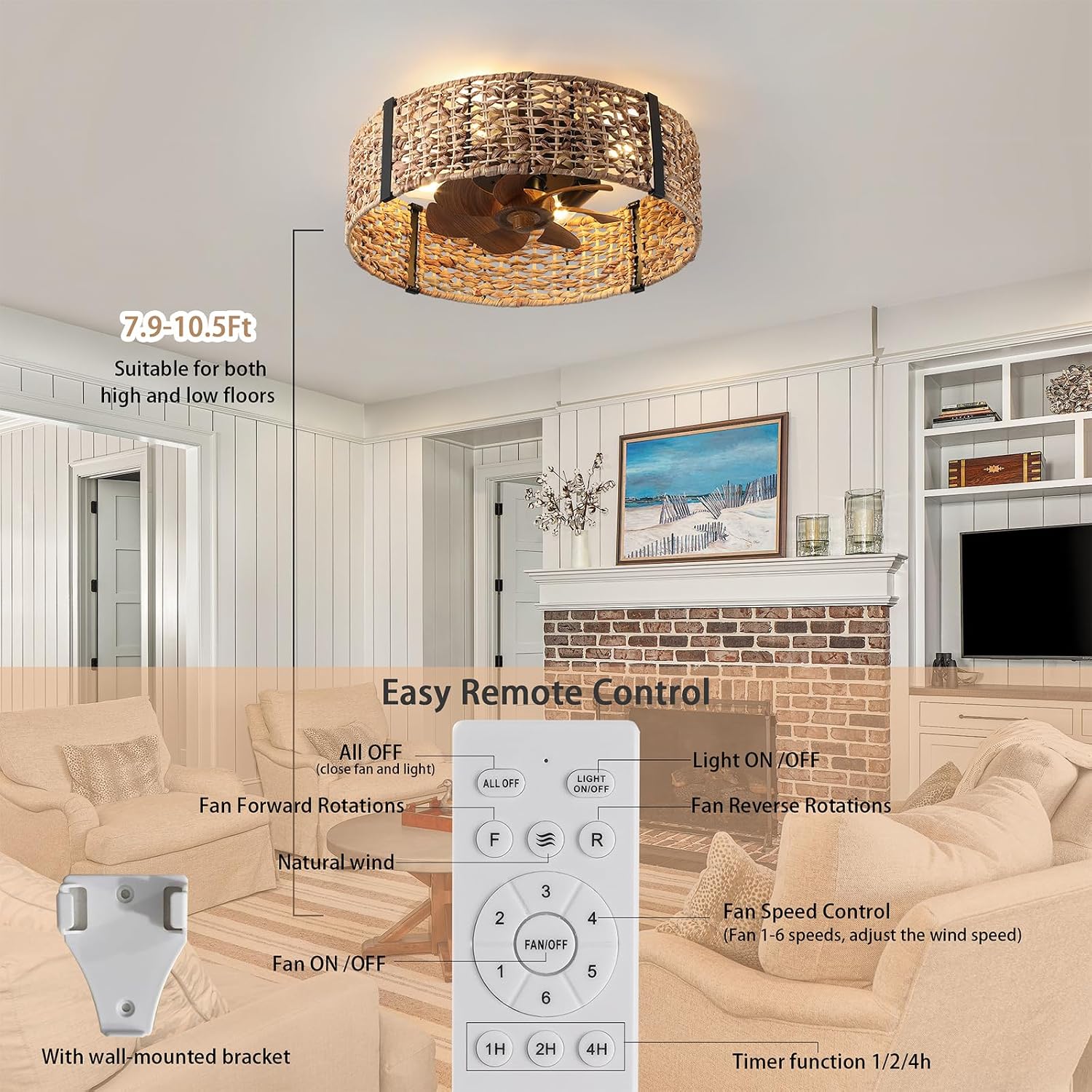 Ganeed 20' Boho Fandelier Ceiling Fan with Light, Rattan Caged Ceiling Fan with Light and Remote Control, Quiet Reversible Motor Enclosed Low Profile 6 Speeds for Bedroom Living Room Porch Kids Room