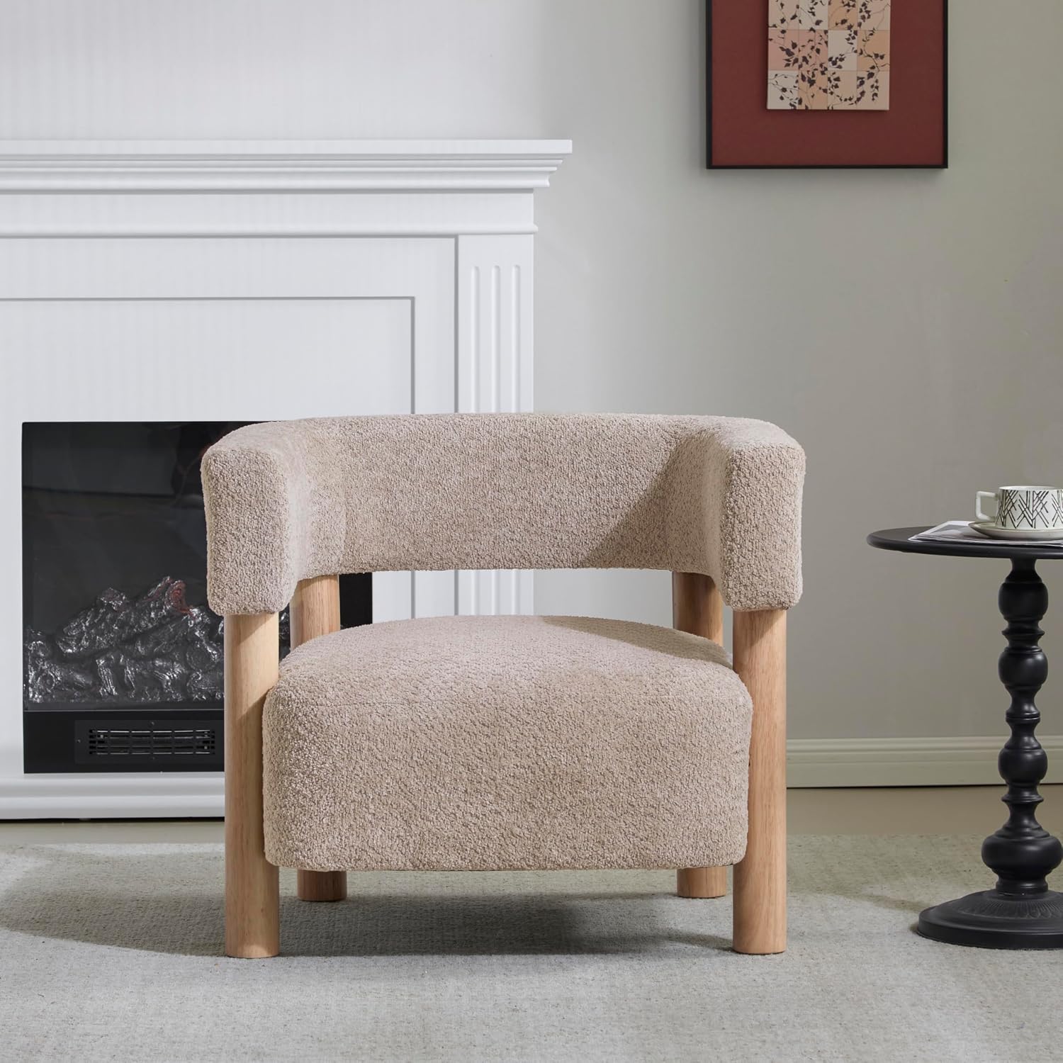 Christopher Knight Home Carly Low Profile Accent Chair, Round Backrest Side Chair, Living Room Armchair with Boucle Fabric Cushion, Comfy Reading Chair for Bedroom, Wooden Single Lounge Sofa, Wheat