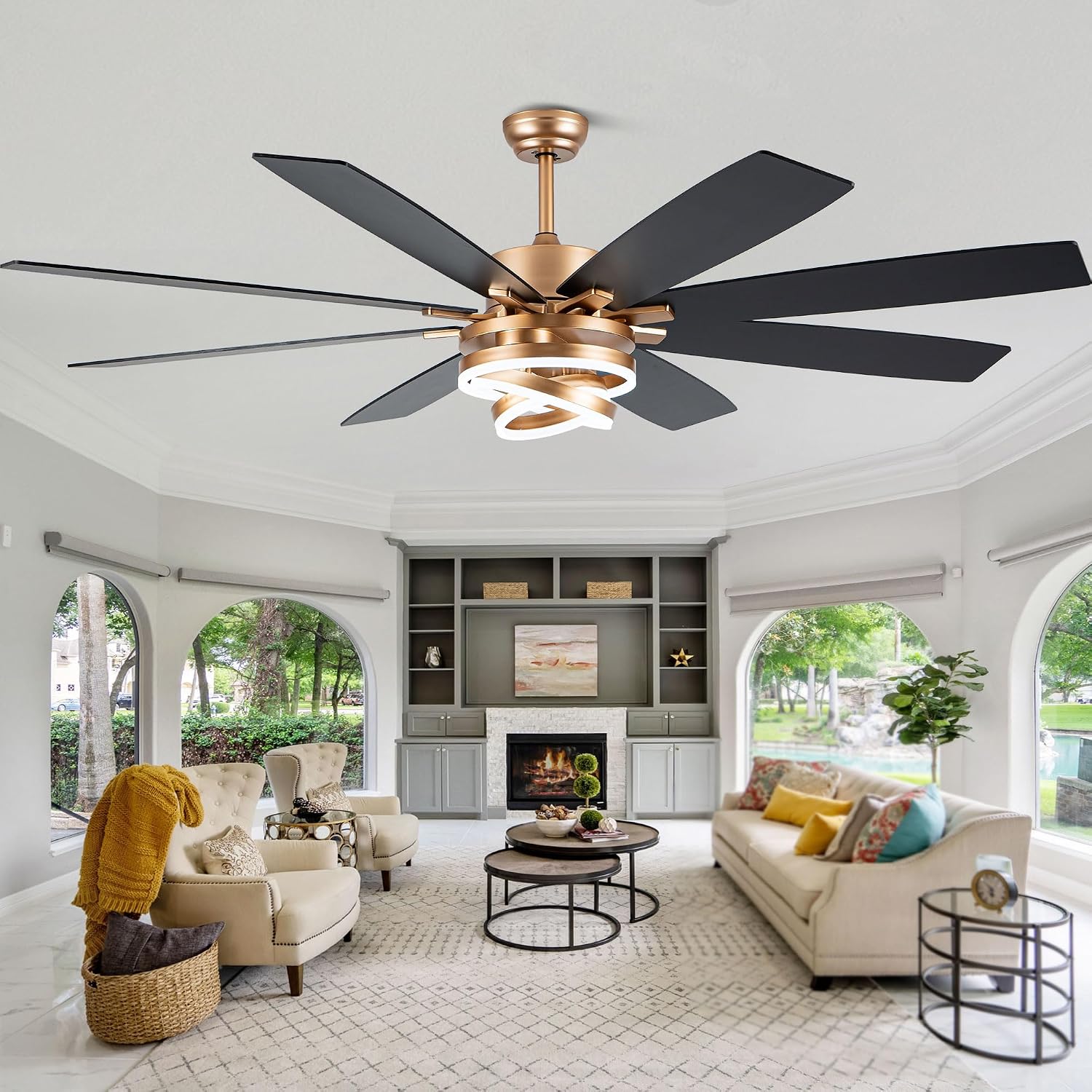 72'' Large Ceiling Fans with Lights and Remote, Indoor/Outdoor Gold Chandelier Fan with DIY Rings LED,Fandelier Ceiling Fans with Lights for Living Room/Porch/Patio