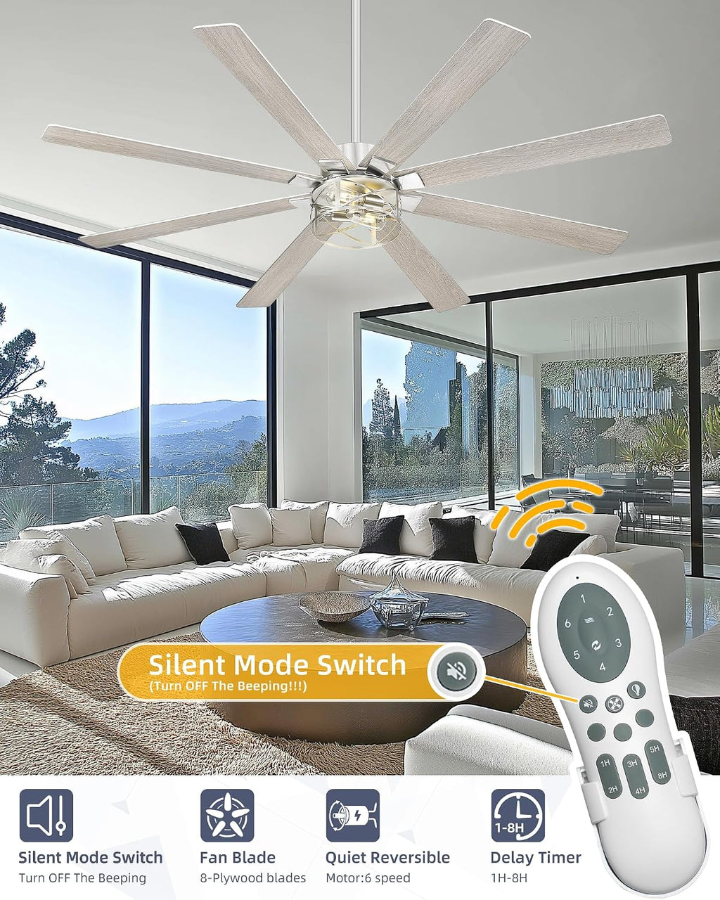 YOUKAIN Ceiling Fans with Lights, 72 Inch Farmhouse Ceiling Fan with Light and Remote, 8-Reversible, Brushed Nickel Finish, Indoor/Outdoor Ceiling Fans for Living Room, Bedroom, 72-YJ632-BNW