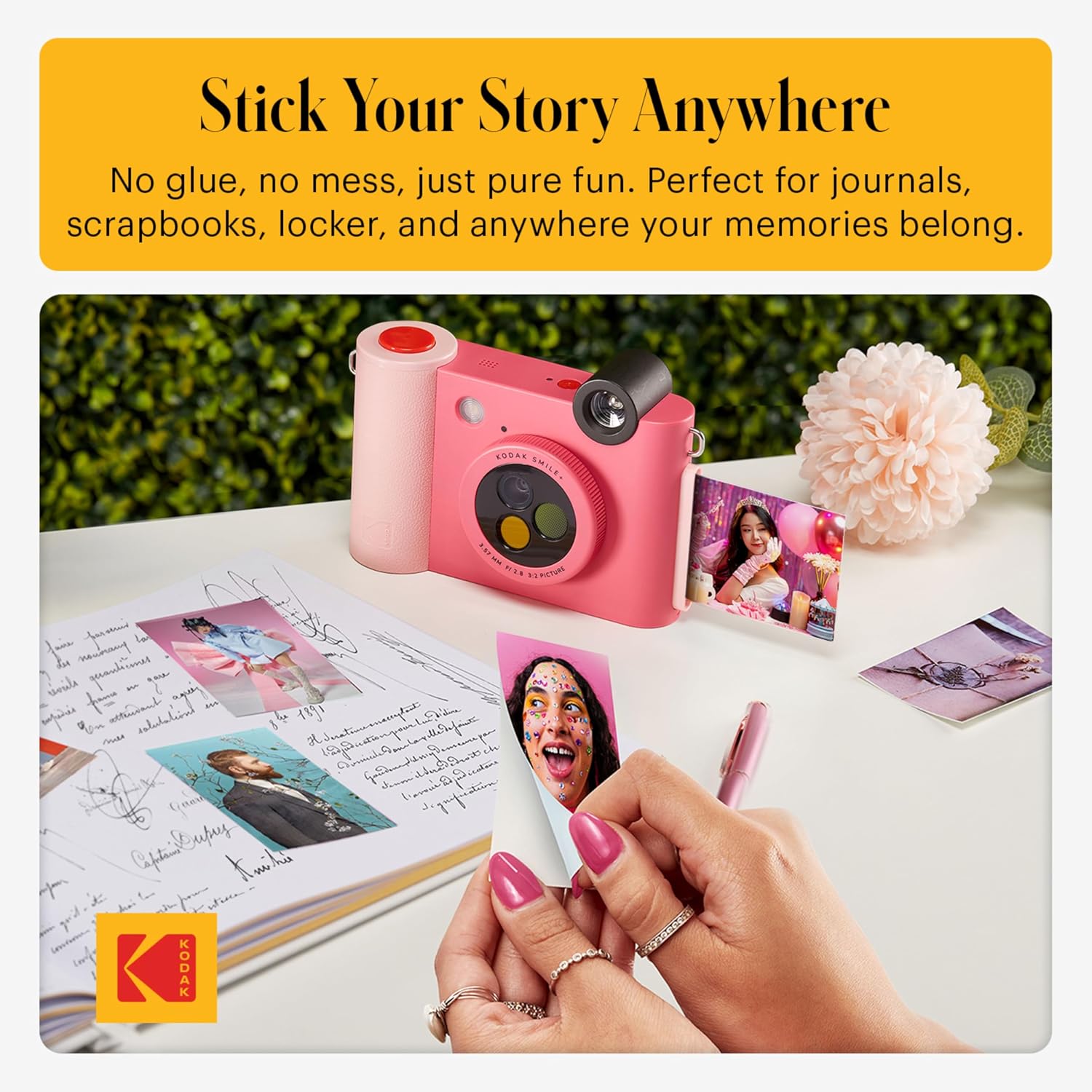KODAK Smile+ 2-in-1 Digital Instant Print Camera & Printer Gift Bundle + Case + Zink 20pk 2x3 Sticky Back Photo Paper + Album + Sticker Sets + Sticker Frames + Hanging Frames + Markers - Fuchsia