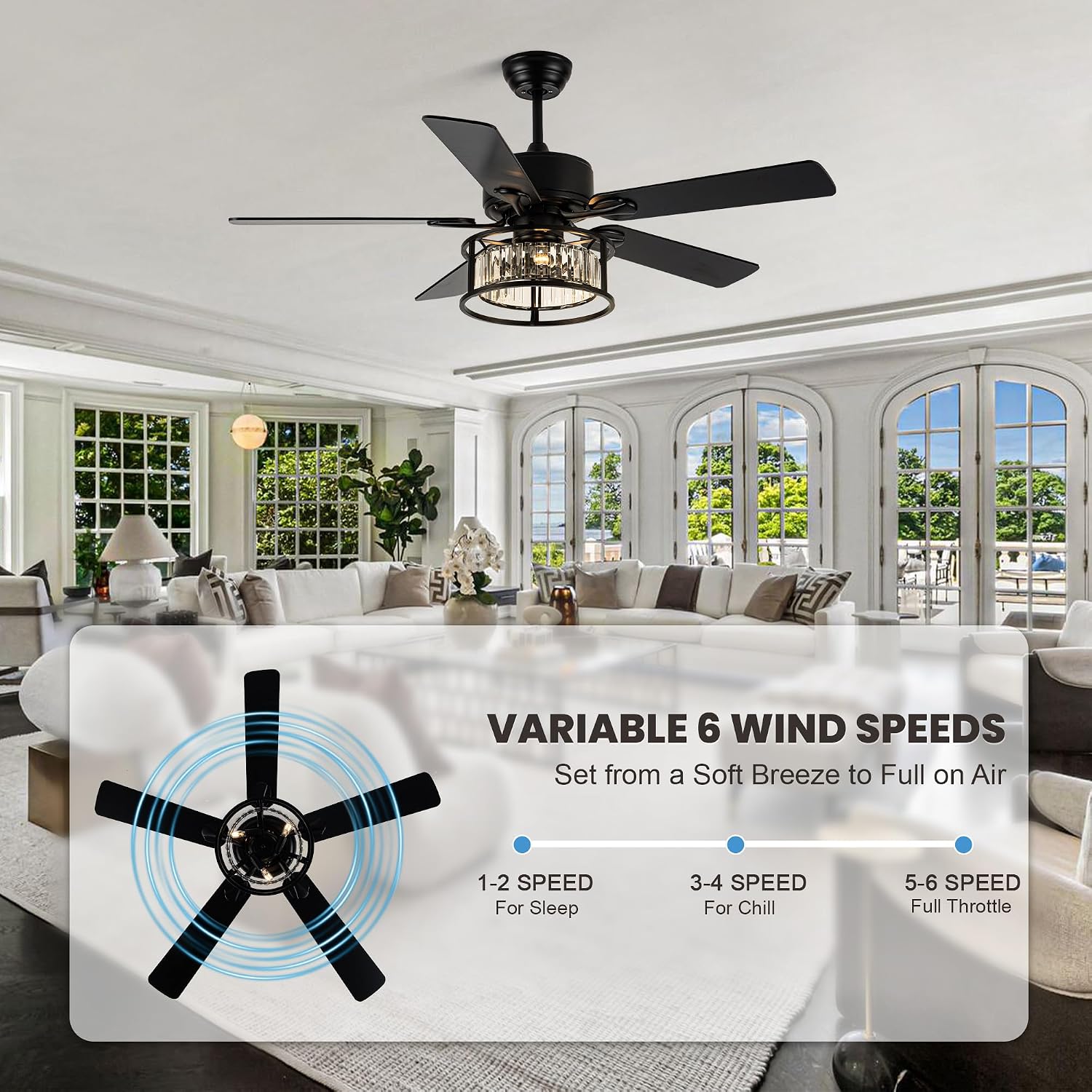 Dawn Whisper 52 Inch Chandelier Ceiling Fans with Lights and Remote Quiet and Reversible DC Motor Black Caged Modern Ceiling Fan for Bedroom Living Room
