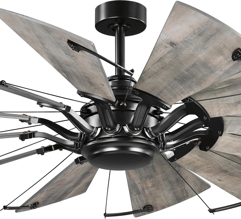 Progress Lighting Springer Collection DC Motor Farmhouse Windmill Ceiling Fan, Matte Black, 12-Blade (60' W x 17-3/8' H) P250000-31M
