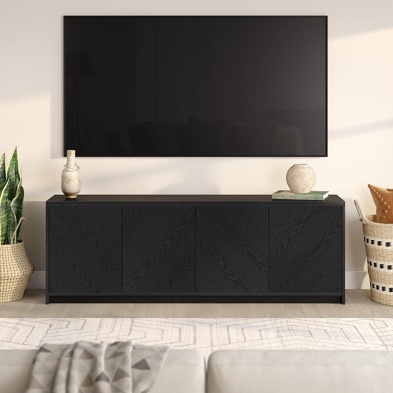 Henn&Hart Rectangular TV Stand for TV's up to 78' in Natural Black, for Home, Living Room, Bedroom, Entertainment Room, Office