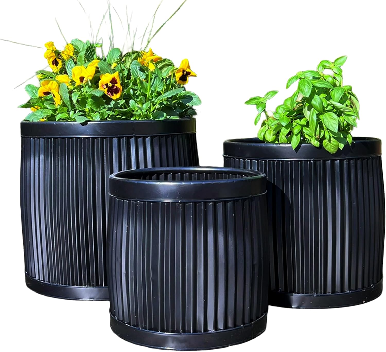 WHW Whole House Worlds French Country Style Belly Bucket Planters, Round, Set of 3, Iron, Glossy Black, Corrugated Cache Pots, Rustic, Large Capcity, from Over 1 Ft Diameter (17-12 Inches)