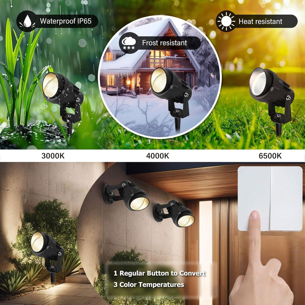 8 Pack 7W 3CCT Outdoor LED Landscape Spotlights 110V-220V | USA Plug and Hardwired, High Brightness 700LM, IP65 Waterproof, Spiked Tree Uplights, Landscape Lights for Pathway Garden