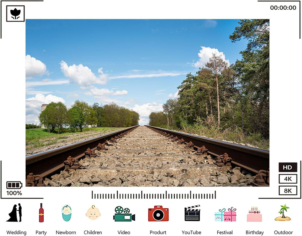 Trykid 20x10ft Rural Railway Tracks Backdrop Clear Blue Sky Trees Horizon Landscape Photography Background Road Trip Party Decoration Travel Event Photo Booth Prop Fabric