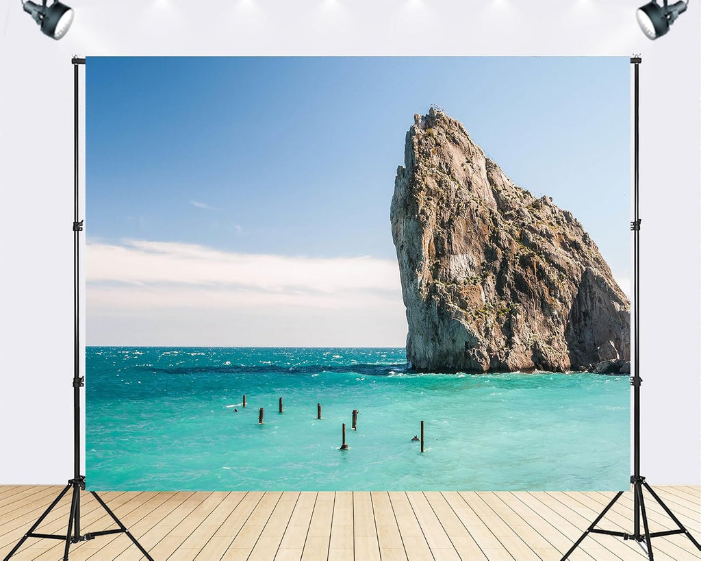Trykid 20x10ft Sea Stack Backdrop Turquoise Sea Clear Sky Weathered Pylons Coastal Waters Photography Background Countryside Wedding Event Party Decoration Photo Booth Prop Fabric
