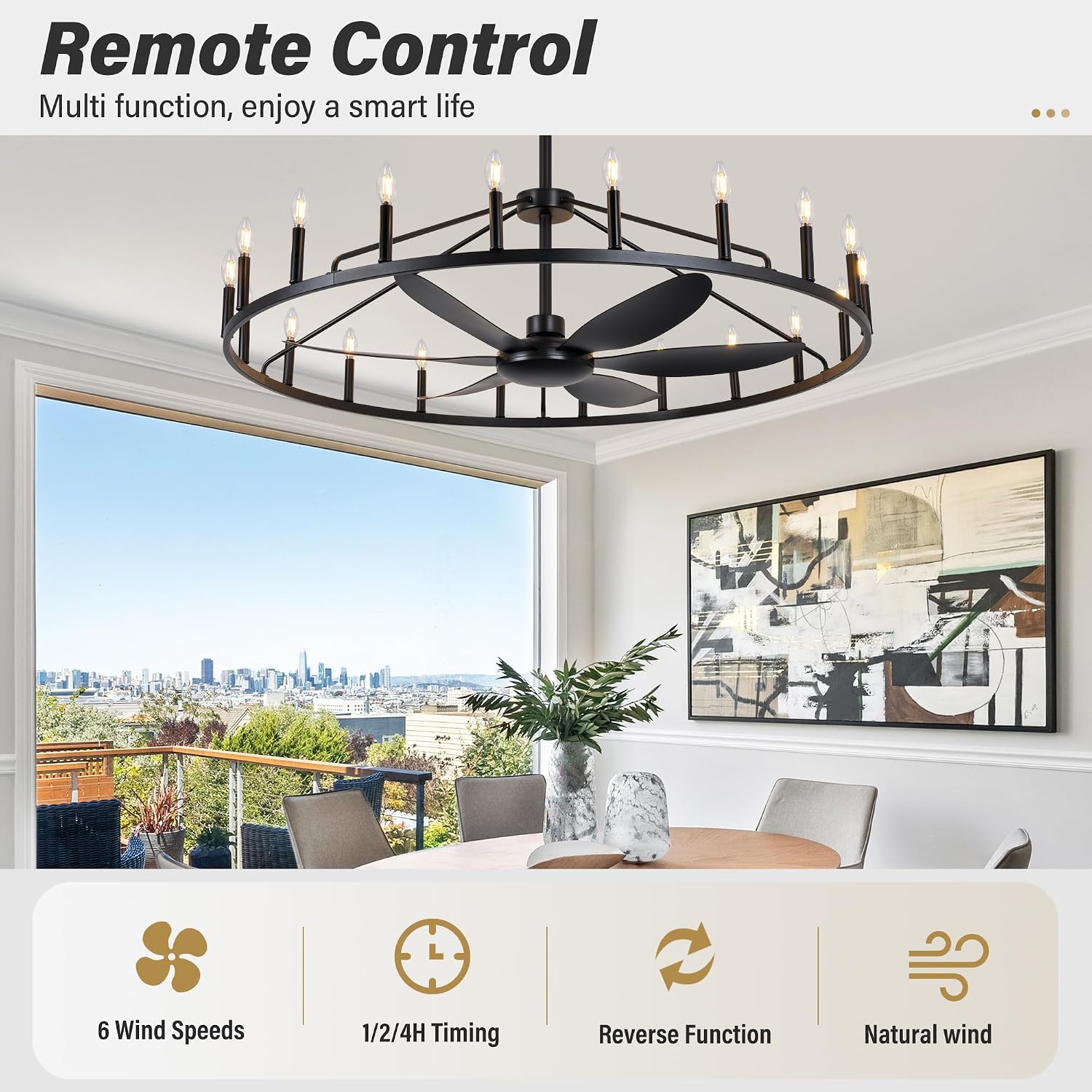 50' Farmhouse Chandelier Ceiling Fan with Light and Remote, 20-Lights Large Wagon Wheel Fandelier with Candle for Living Room,Rustic Walnut Fan with Light